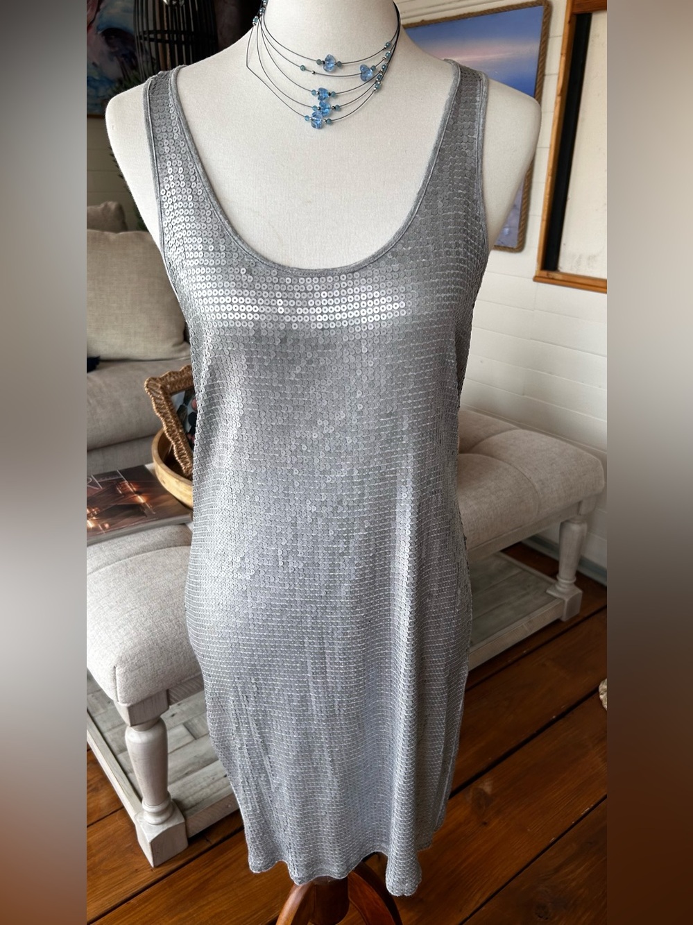 Michael Kors Silver Sequin Racerback Midi Dress S Party Cocktail